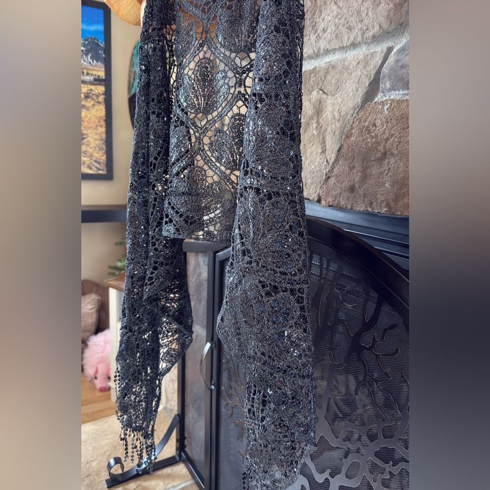 Black Lace Knit Shawl Scarf with Beaded Fringe - Picture 11 of 14
